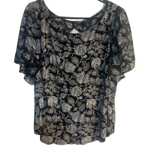 Lucky Brand Women's plus size Blouse 1X Black Gray Sleeve Cutout back Boho cute!